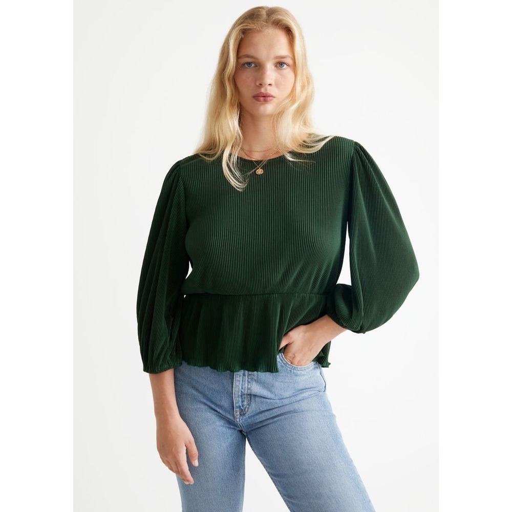 & Other Stories Peplum Top Pleated Balloon Sleeve Blouse Green Size S